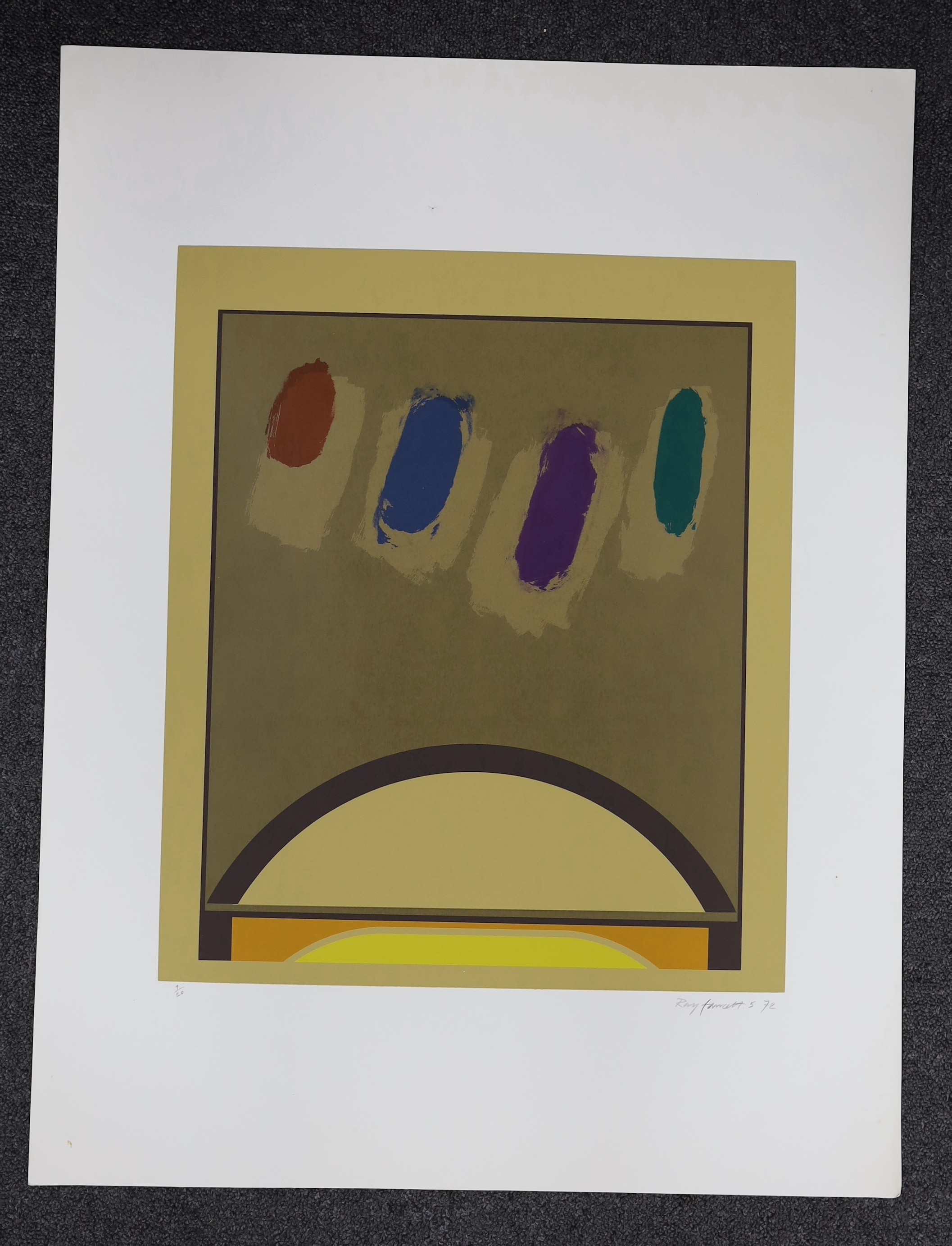 Raymond Fawcett (1934-1994), limited edition print, abstract sunrise, signed and dated 1972, 9/20, unframed